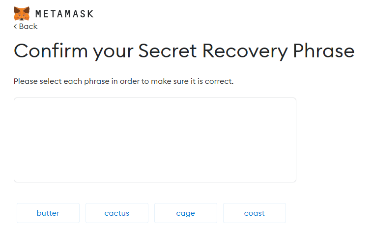 MetaMask security. MetaMask secret recovery phrase confirmation page