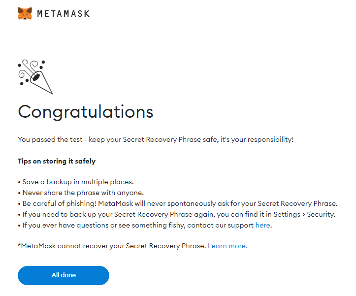 MetaMask security. MetaMask congratulations page with All Done button